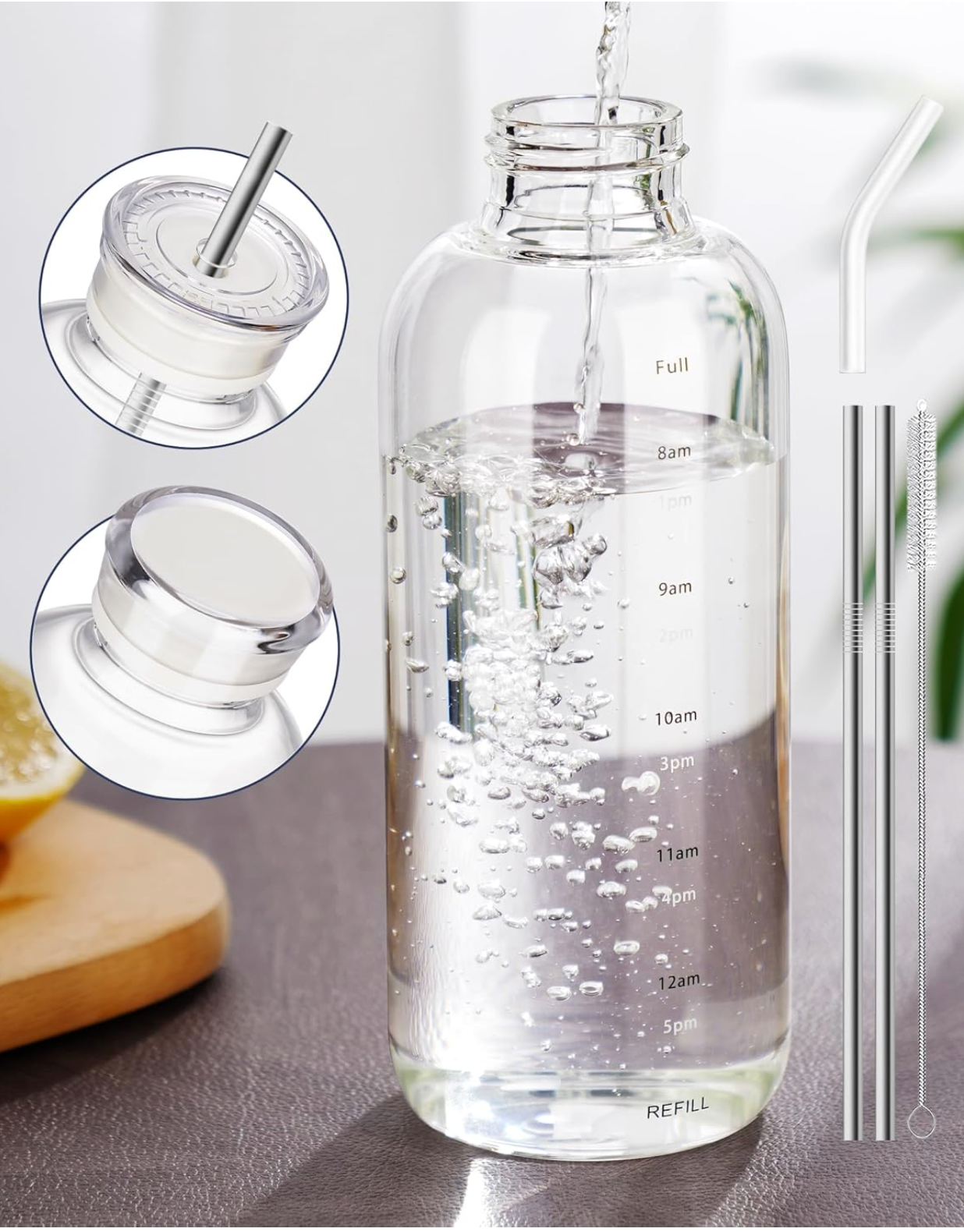 Clear Glass Water Bottle with 2 Caps & Stainless-Steel Straw, Temperature Resistant Durable High Borosilicate Glass Drinkware with Leak-Proof Seal for Travel, Gym, School & Home Use