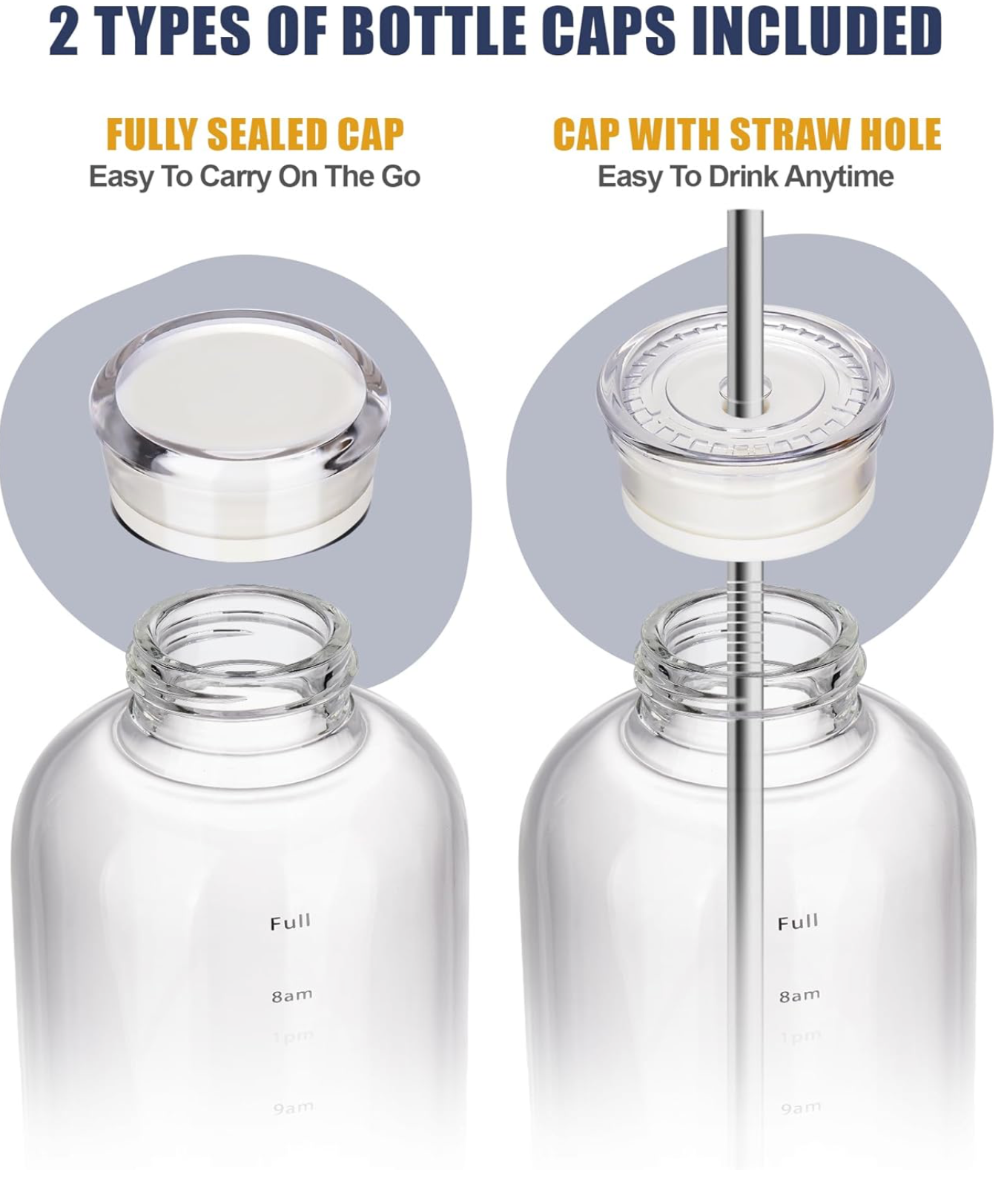 Clear Glass Water Bottle with 2 Caps & Stainless-Steel Straw, Temperature Resistant Durable High Borosilicate Glass Drinkware with Leak-Proof Seal for Travel, Gym, School & Home Use